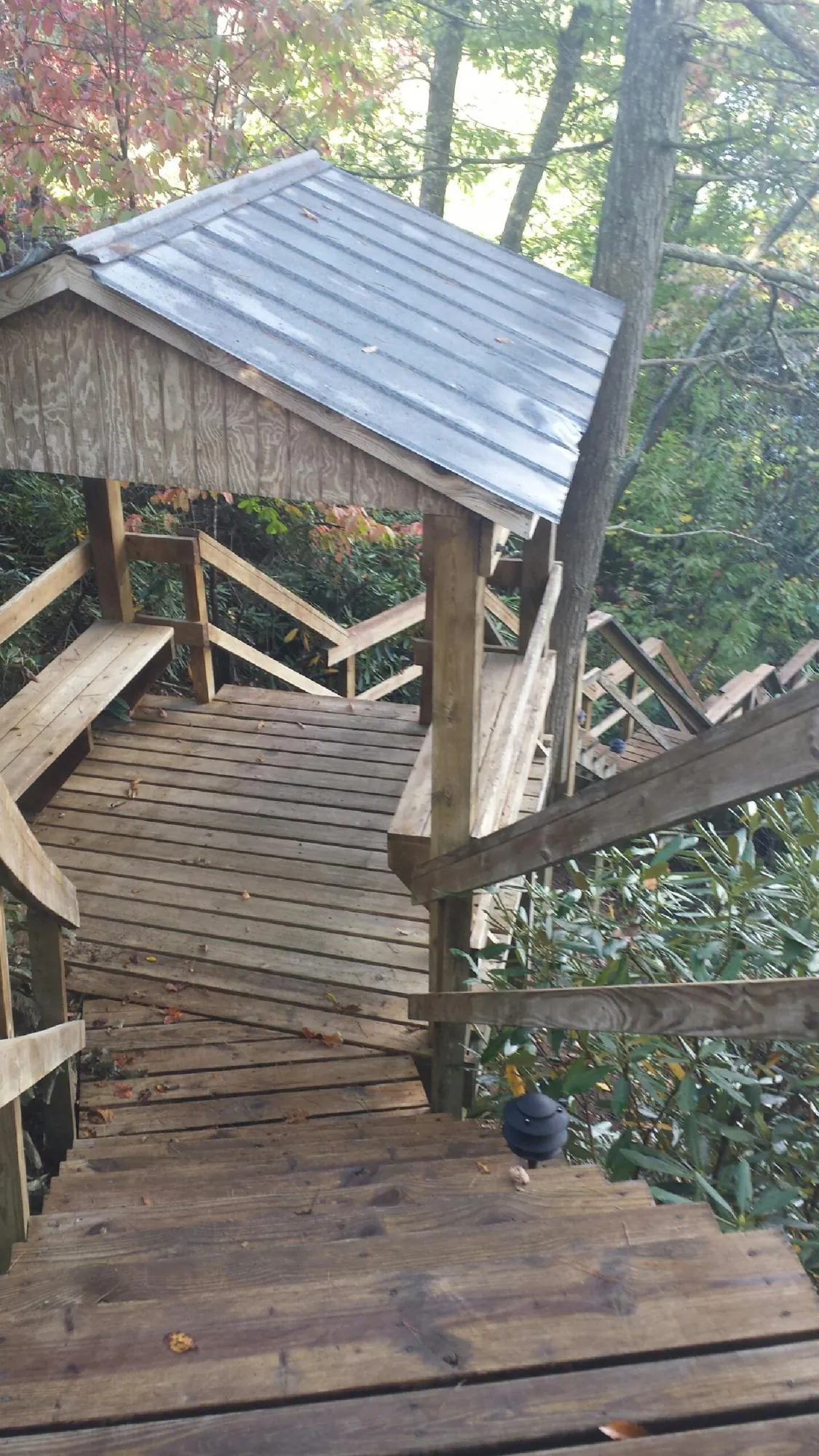 Metal roofed shelter over wooden steps on a wooded walkway — Skylight Repair & Installation work by our crew in Rowan